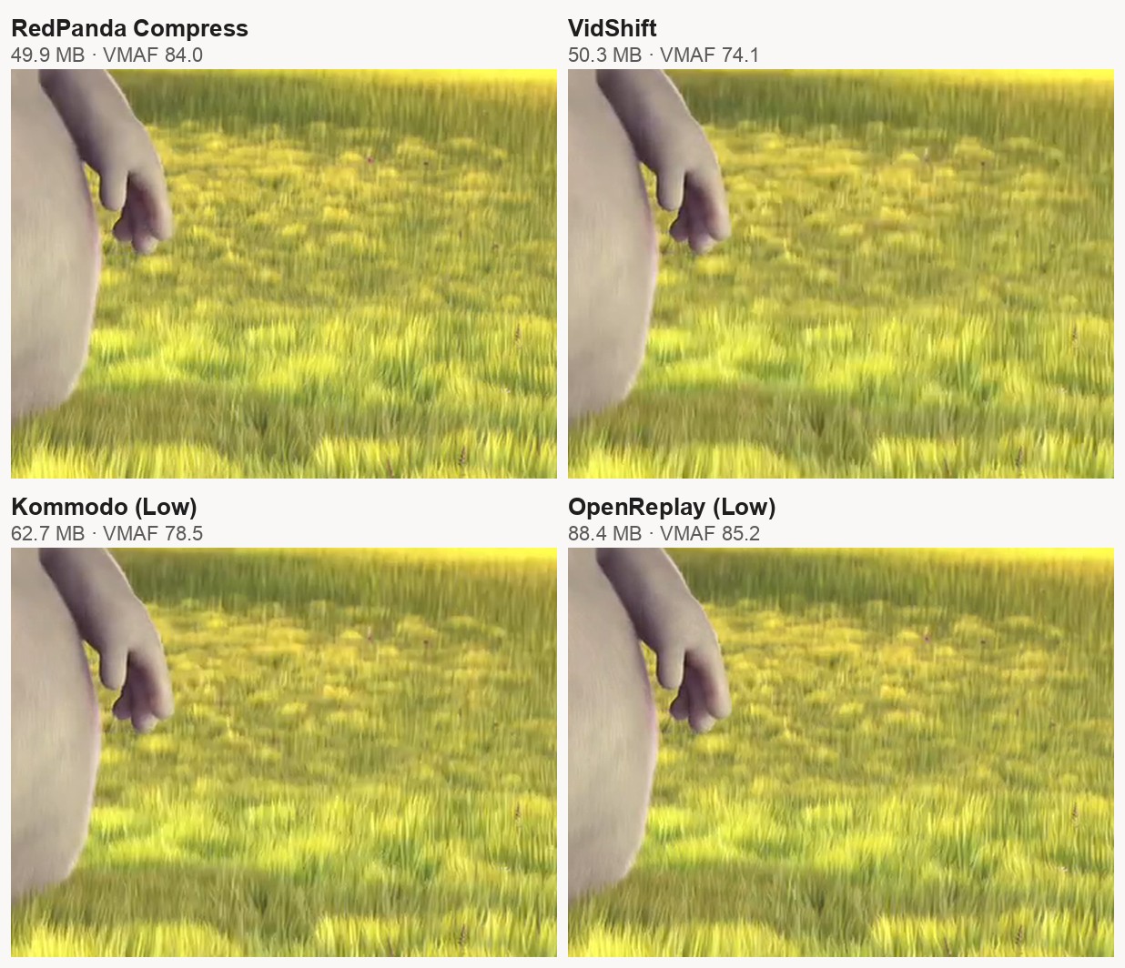Zoomed crop of the same Big Buck Bunny frame from RedPanda Compress, VidShift, Kommodo and OpenReplay